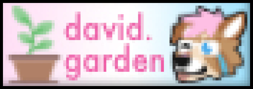 A smol badge with a small planter, a pup with brown, blue and purple fur, and the text david.garden