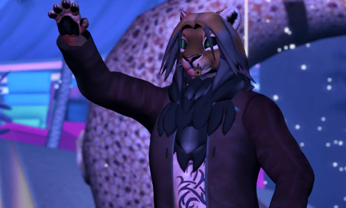 Screenshot from the game Second Life of an anthro lion waving to the camera.