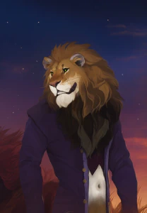 A digital painting of a male anthro lion with green eyes and a mane that fades from light brown to black. He's got a mischevious grin and is wearing a dark blue/purple blazer.
