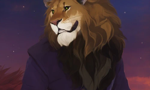 A digital painting of a male anthro lion with green eyes and a mane that fades from light brown to black. He's got a mischevious grin and is wearing a dark blue/purple blazer.
