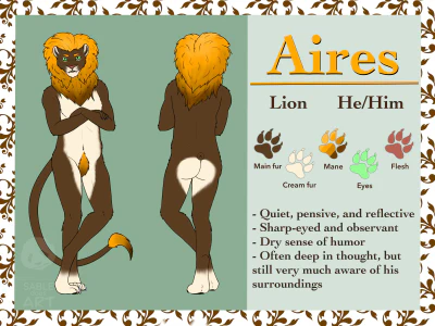 A digital drawing of a male anthro lion with green eyes, dark brown fur, and a mane that fades from light brown to dark brown. He's got his arms casually folded and is grinning at the viewer.
