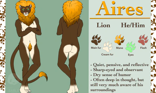 A digital drawing of a male anthro lion with green eyes, dark brown fur, and a mane that fades from light brown to dark brown. He's got his arms casually folded and is grinning at the viewer.
