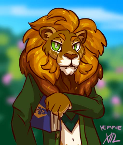 A drawn image of a male anthro lion. He's wearing a green blazer and carrying a book with a logo from the Elder Scrolls games on the cover.
