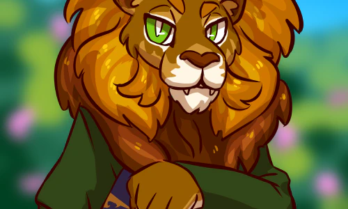 A drawn image of a male anthro lion. He's wearing a green blazer and carrying a book with a logo from the Elder Scrolls games on the cover.
