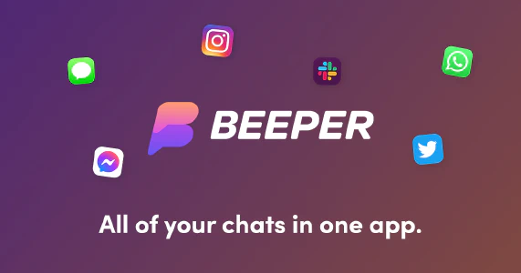 The Beeper logo with various chat logos surrounding it. The caption says "All your chats in one app."