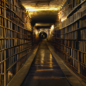 Picture of two rows of books in what appears to be a dark tunnel. Cover generated by craiyon.com.