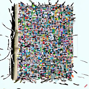 AI-generated glitch image of a book made out of broken images.