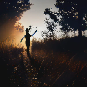 AI-generated image of a young boy in silhouette running through a dense forest at sunset