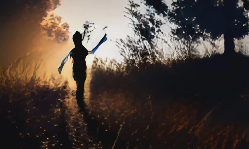AI-generated image of a young boy in silhouette running through a dense forest at sunset