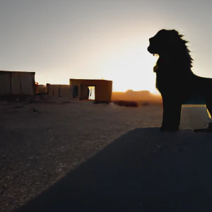 AI-generated image of a lion in silhouette standing in the middle of a desert town during dusk