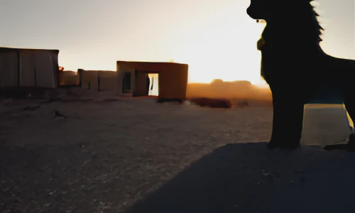 AI-generated image of a lion in silhouette standing in the middle of a desert town during dusk