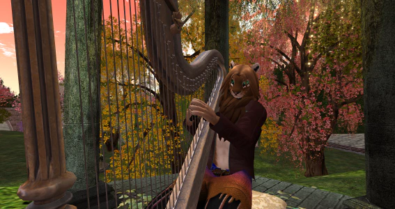 Screenshot from the game Second Life of an anthro lion sitting in a chair playing a harp.