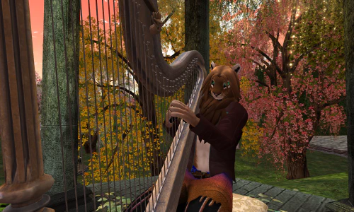 Screenshot from the game Second Life of an anthro lion sitting in a chair playing a harp.