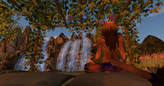 Screenshot from the game Second Life of an anthro lion sitting in the lotus position, facing away from the camera.