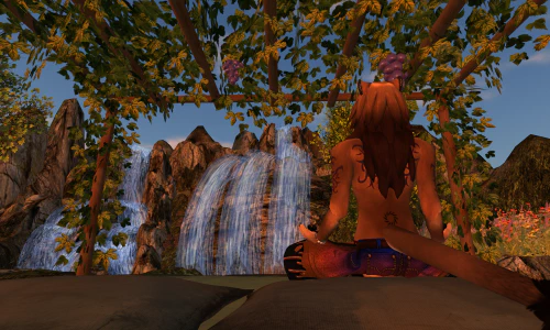 Screenshot from the game Second Life of an anthro lion sitting in the lotus position, facing away from the camera.