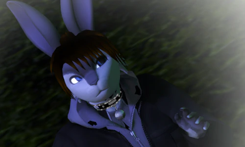 Screenshot from the game Second Life of an anthro bunny dancing and looking at an overhead camera.