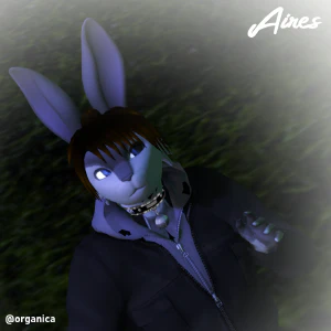 Screenshot from the game Second Life of an anthro bunny dancing and looking at an overhead camera.