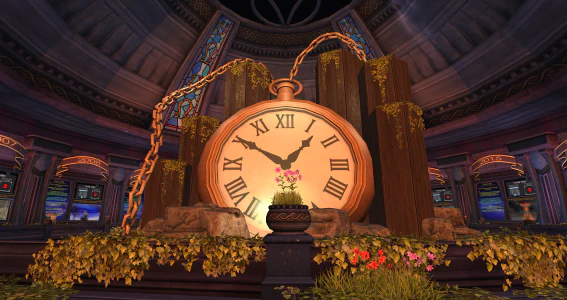 Screenshot from the game Second Life of a giant pocketwatch sitting in the center of an enormous tree.