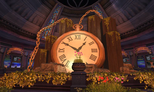 Screenshot from the game Second Life of a giant pocketwatch sitting in the center of an enormous tree.