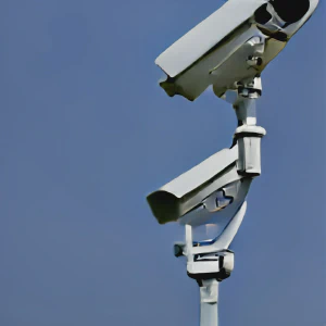 An AI-generated image of two surveillance cameras on a post. One is pointing to the top right, the other to the bottom left.