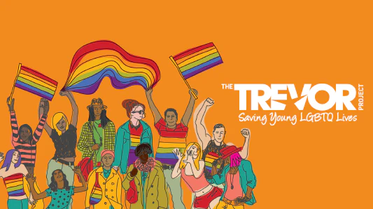 A diverse group of people next to the Trevor project logo.