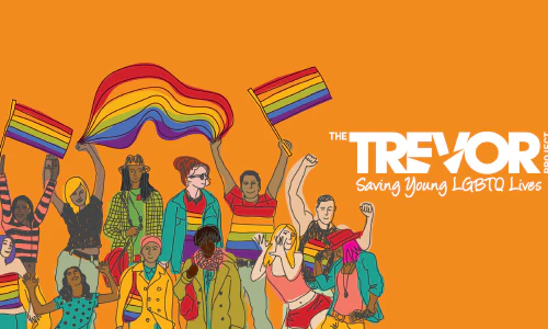 A diverse group of people next to the Trevor project logo.
