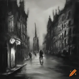 An AI-generated image of a detailed charcoal sketch of a victorian-era street at night.