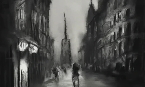 An AI-generated image of a detailed charcoal sketch of a victorian-era street at night.