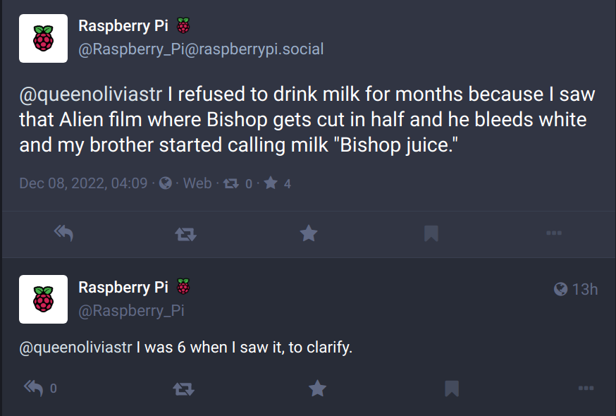 The official Raspberry Pi Mastodon account discussing how they couldn’t drink milk after seeing a scene in the movie Alien