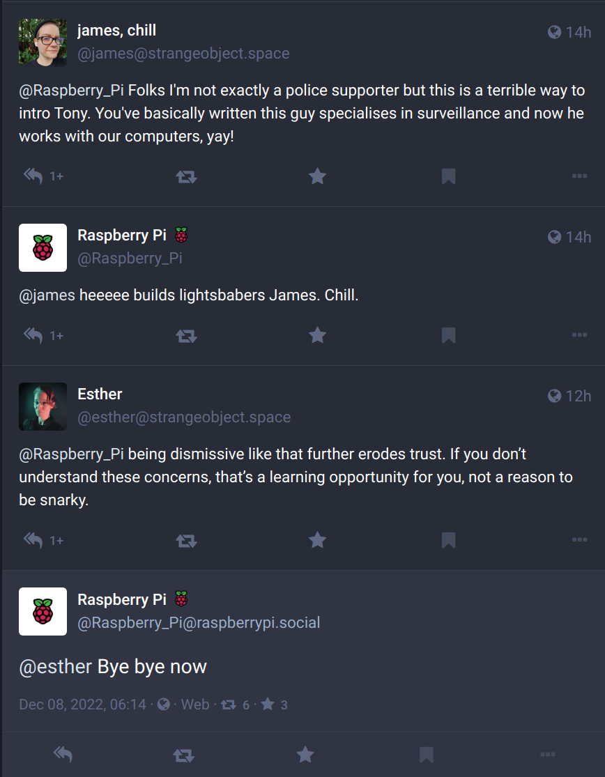 The official Raspberry Pi Mastodon account telling someone to chill
