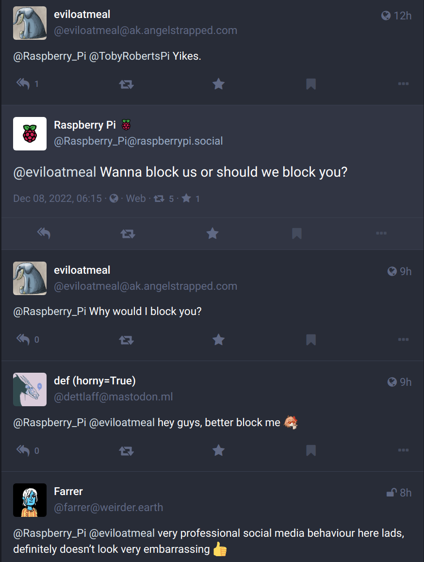 The official Raspberry Pi Mastodon account asking someone if they would rather block them or be blocked