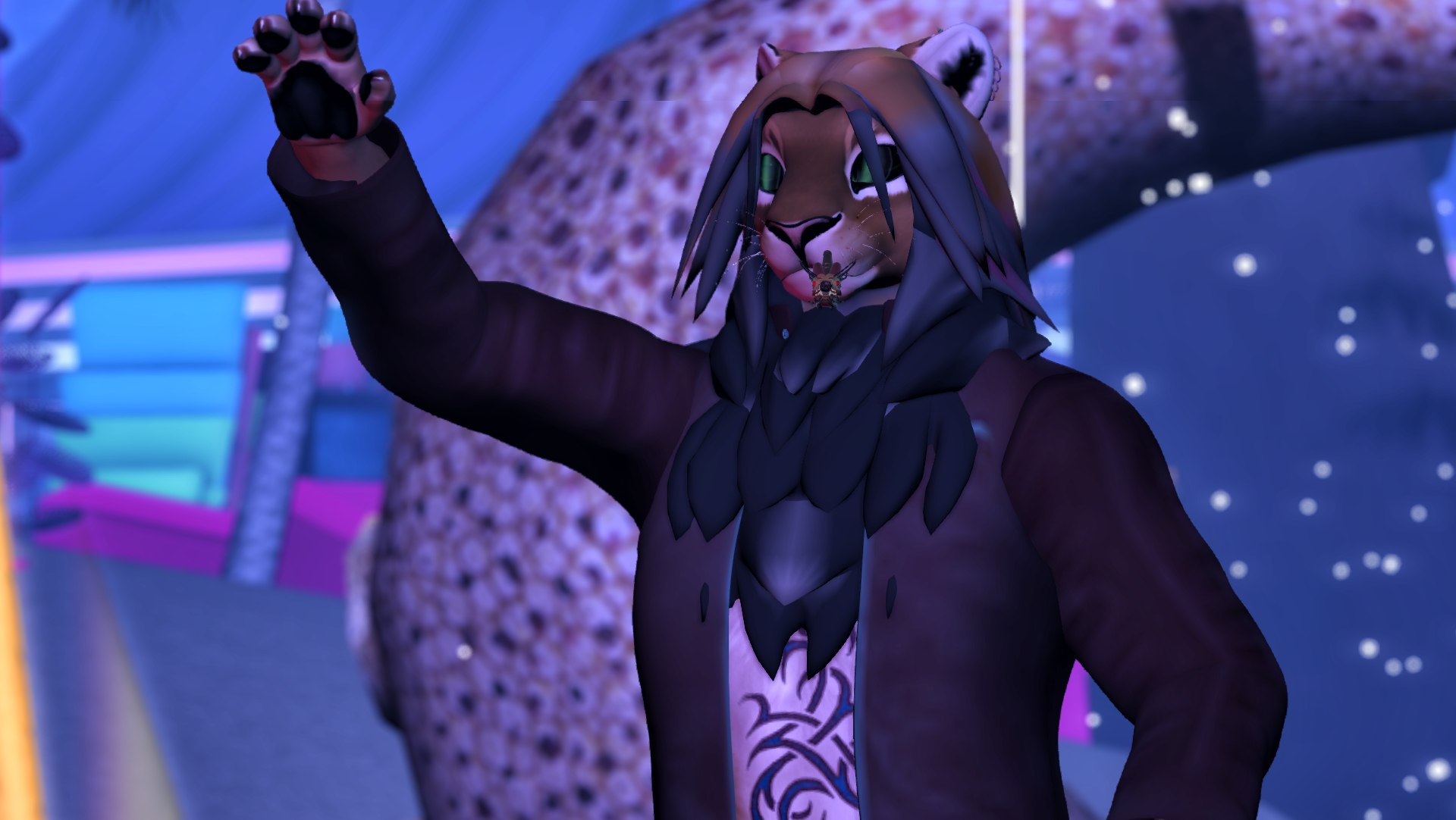 Screenshot from Second Life of Aires, an anthropomorphic lion, waving at the screen.