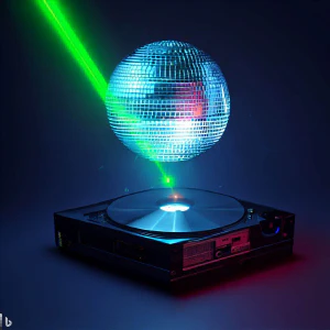 A computer-generated image of a laser light shining through a disco ball, which is floating above an open hard drive.