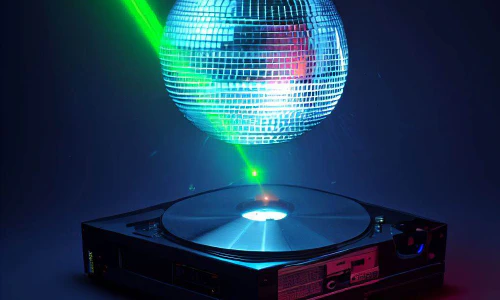 A computer-generated image of a laser light shining through a disco ball, which is floating above an open hard drive.