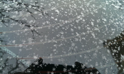 Snowflakes resting on a car's rear windshield.