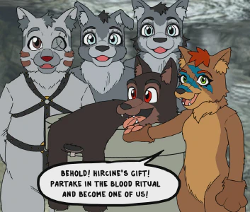 A drawing showing the Companions from the game Skyrim standing in fursuits. An empty suit is laid over a stone alter. One of them, Aela, is saying "Behold! Hircine's gift! Partake in the blood ritual and become one of us!"